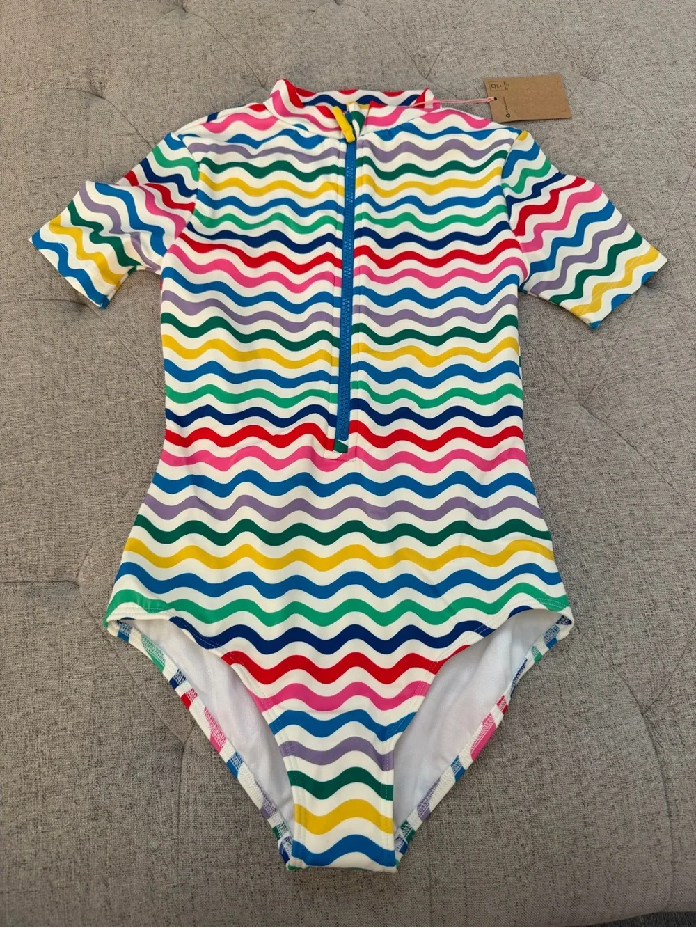 NWT BODEN SHORT SLEEVE SWIMSUIT RAINBOW ZIG ZAG STRIPE SIZE 9-10